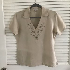 Linen embellished with topaz beads short sleeved shirt